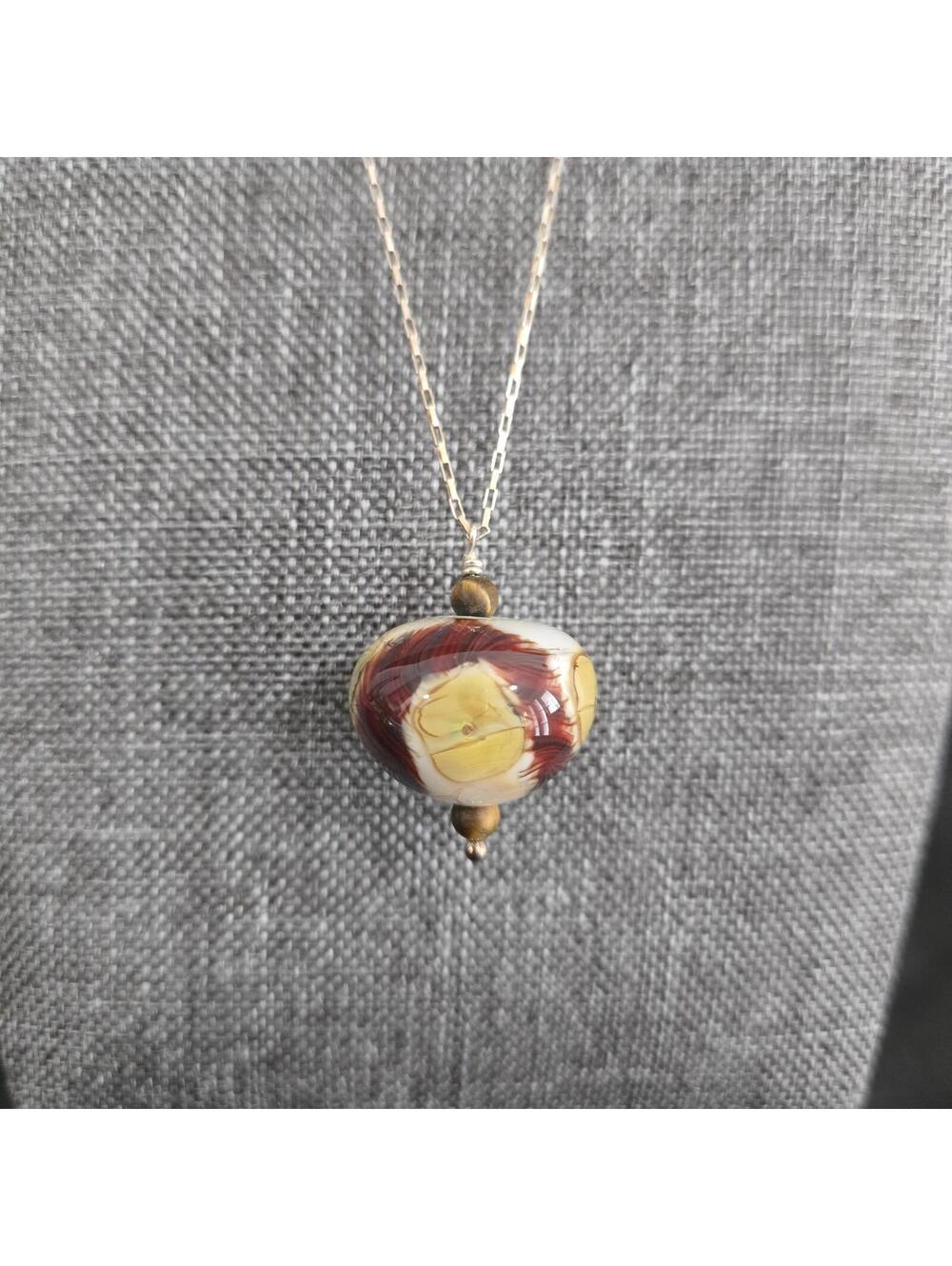Vintage Lampwork Glass Pendant Sterling Silver Box Chain Red Brown Yellow Swirl